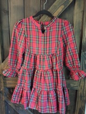 Shop The Mint Red Plaid Tiered Long Sleeve Dress with Smocked Cuffs